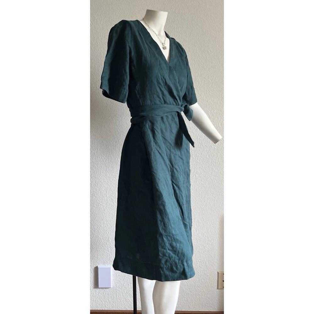 Everlane Linen Wrap Dress XXS Dark Green Midi Minimalist Tie Waist